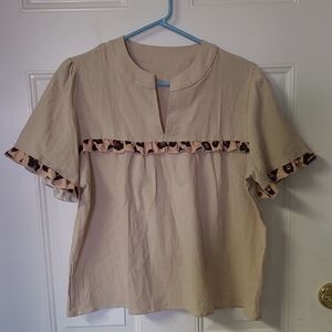 Beige Short-Sleeve Ruffle-Trim Blouse